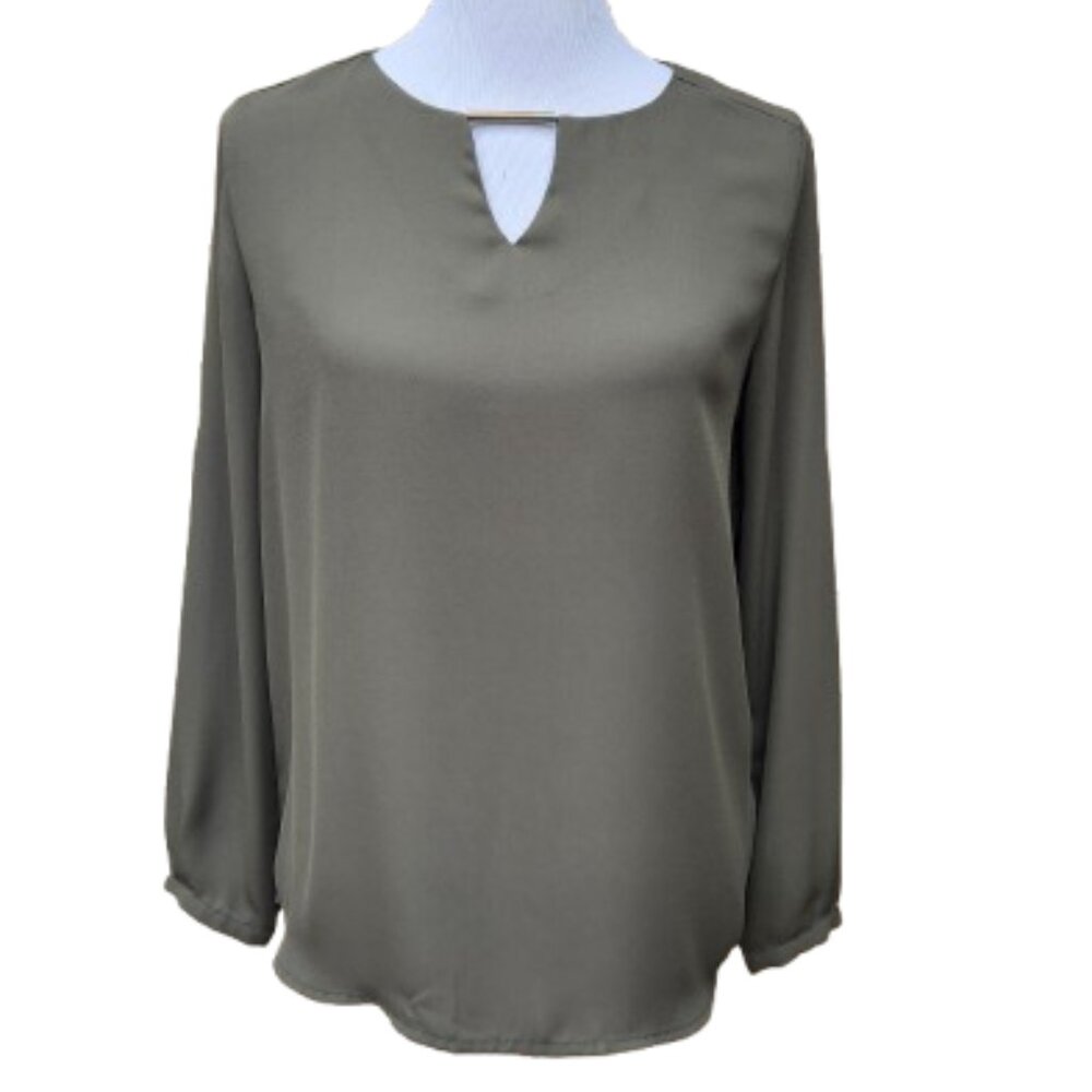 Harve Benard Olive Green Blouse Keyhole Neck Long Sleeves Office Wear Solid
